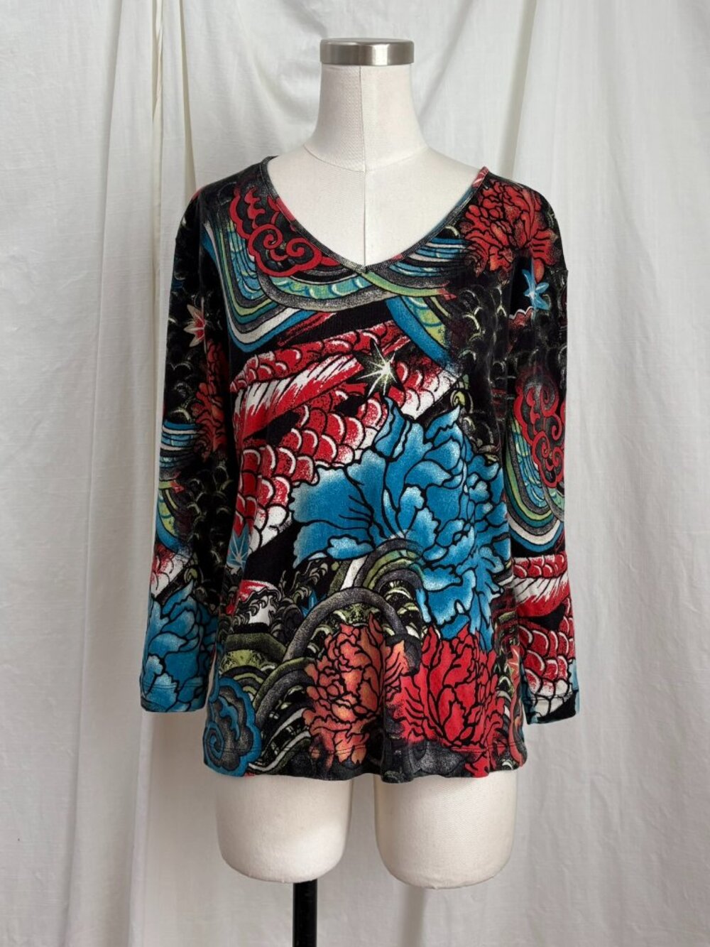 Y2K Vintage Chico's Boho Knit Print Top Size L Artsy Colorful V-Neck